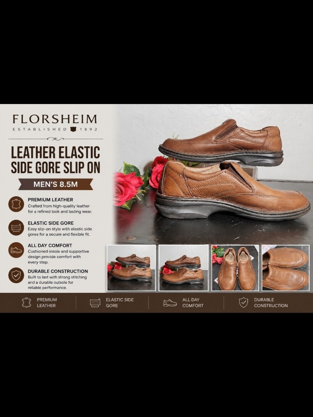 FLORSHIEM Leather ELASTIC Side Gore Slip On Shoe Men's 8.5M